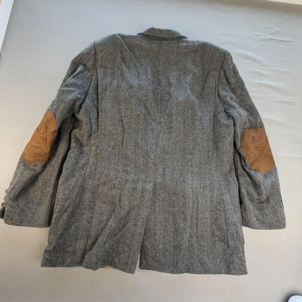 Bill Blass Sport Coat Mens 42 Gray Wool Herringbone Tweed Elbow Patch Blazer